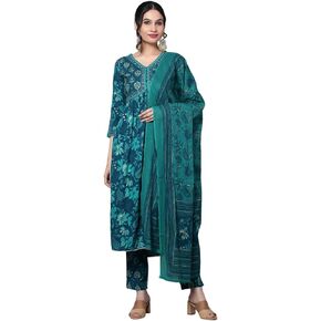 Rayon Nyra Cut Kurta Pant Dupatta Set, Embroidered V Neck, 3/4 Sleeves Printed Indian Kurti Set for Girls