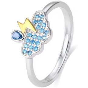 Cute Rain Cloud Lightning Bolt Ring S925 Sterling Silver Funny Flash Thunder Adjustable Open Rings Blue Cubic Zirconia Crystal Stacking Finger Statement Jewelry Gift for Women Teen Girls Birthday Xmas
