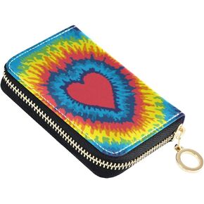 Heart Love Rainbow Tie Dye Credit Card Wallet, RFID Blocking Compact Women Leather Card Holder Zipper Purse