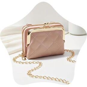 Crownnie Queen 2 in 1 Change Card Case Wallet, Mini Kiss-Lock Zipper Pocket Leather Purse, Solid Color Quilted Chain Bag, Credit Card Holder with Coin Purse for Women, Cute Pouch (Black)