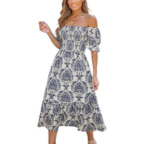فستان CUPSHE نسائي بدون أكتاف مكشكش وأكمام قصيرة Smocked Paisley Beach Midi