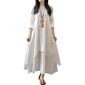 R.Vivimos Women Long Sleeve Cotton Casual Loose Plus Size Irregular Long Dresses