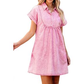 luvamia Denim Dress for Women Summer Short Sleeve Button Down Collared Pleated Western Jean Dresses with Pockets Relaxed