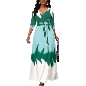 AOMONI Maxi Dress for Women Gradient Casual Long Sundress V Neck 3/4 Sleeves with Belt