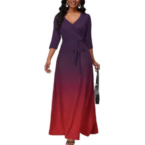 AOMONI Maxi Dress for Women Gradient Casual Long Sundress V Neck 3/4 Sleeves with Belt