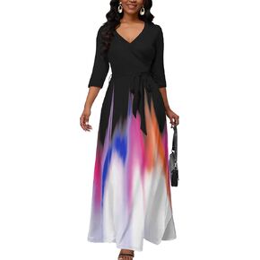 فستان طويل من AOMONI للنساء متدرج كاجوال طويل للشمس ورقبة على شكل حرف V وأكمام 3/4 مع حزام in Kuwait