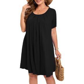 MONNURO Womens Plus Size Summer Dresses Casual Pleated Front Short Sleeve Swing Tunic Tshirt Dress with Pockets