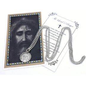 Trendzeen The Holy Face Of Jesus Medal with Chain, Holy Face Card, Lord's Prayer Card - Holy Face Shroud of Jesus Christ Medal Jewelry Set for Confirmation, Baptism - Medalla De La Santa Faz, 3 Items