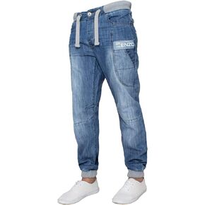 Enzo Mens Cuffed Denim Jogger Jeans Twill Pants