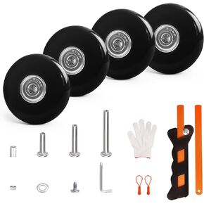 Luggage Wheels Replacement Set 4PC Diameter 2in/50mm0.55in/14mm Thick PU Wheels with Ball Bearing 3 Size Axles Full Set Repair Tool for Spinner Suitcase Trolley Bag Draw-bar Travel Box