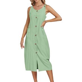 LYANER Women's Summer Casual Sleeveless Strap Buttons Down Midi Dress with Pockets