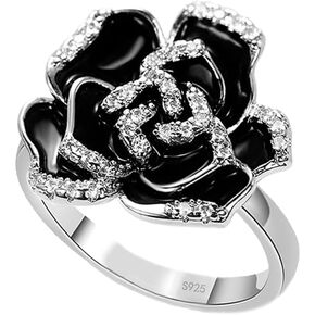 Black Enamel Rose Flower Cubic Zirconia Statement Rings for Women Girls Dainty Crystal Camellia Flowers Engagement Wedding Finger Ring Xmas Valentine's Day Jewelry Gifts Girlfriend BFF