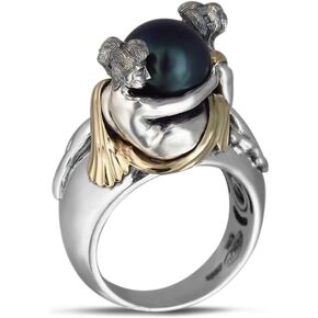 DALEGEM Womens Cool Pearl/Ruby Stone Ring,Platinum Plated Real Genuine Crystal Quartz Gemstone Stone Ring Cocktail Party Jewelry Gift for Her