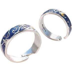 2 قطع فان جوخ السماء المرصعة بالنجوم القمر نجمة حلقة خمر نمط فريد الأزرق فتح الفرقة حلقة خمر الفضة قابل للتعديل للنساء فتاة مراهقات خواتم الهدايا in Kuwait