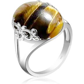 Genuine Yellow Tiger Eye Stone Ring for Women Girls,S925 Sterling Silver Edged with Flower Vine Genuine Quartz Crystal Gemstone Turkish Ring Jewelry Gift for Her