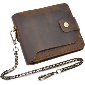 Le'aokuu Men's Genuine Real Leather Bifold Horizontal Standard Snap Chain Wallet Purse 406 (Brown)