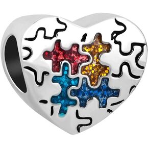 SBI Jewelry Autism Awareness Charms for Bracelets Silver Heart Love Charm for Bracelets Women Girls Sister Friends Family Student Brother Necklace Bead Puzzle