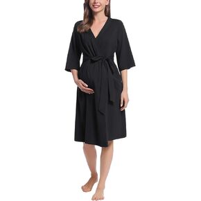 Joyaria Women Cotton Nursing Maternity Robe Labor Delivery Bathrobe Attached Belt for Daily Wear/Hospital Sleepwear Navy