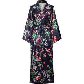Women's Floral Sleepwear Long Dressing Gown Kimono Satin Bathrobe Lightweight Robes Soft Nightgown Silky Gift