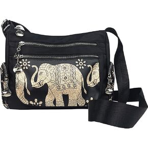 WONSHREE Elephant Purse Crossbody Bag for Women Multi Pocket Boho Shoulder Bag Casual Nylon Handbag, Black Elephant B