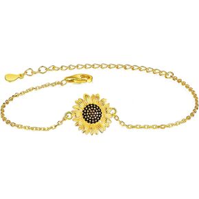 Sunflower Bracelet for Women 925 Sterling Silver Gold Plated Adjustable Sunflower Bracelets Birthday Christmas Thanksgiving Day Jewelry Gifts for Women Girls