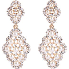 BriLove Women's Wedding Bridal Rhombus Crystal Simulated Pearl Hollow Chandelier Dangle Earrings Clear