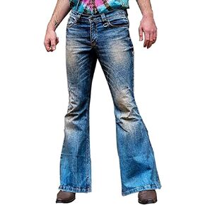 Men's Vintage Flared Leg Denim Jeans Classic Patchwork Bell Bottom Denim Pants