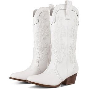 Mikarka أحذية رعاة البقر للنساء مطرزة أحذية راعية البقر الغربية السيدات أشار تو كعب مكتنز منتصف العجل أحذية الموضة in Kuwait