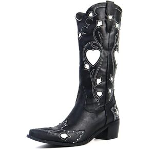 AMINUGAL Womens Mid Calf Embroidered Cut Out Cute Heart Cowgirl Boots Pull on Point Toe Chunky Heel Cowboy Boots Western Riding Boots For Women