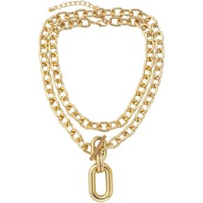 Fuqimanman2020 2pcs Silver Layered Chunky Chain Necklace Punk Choker Necklace with Toggle Clasp Oval Pendant Jewelry for Women Girls Gift