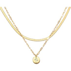 Gold Layered Necklaces for Women, Birth Flower Necklace, 18K Gold Plated layering Herringbone Snake Paperclip Chain Coin Choker Pendant Jewelry Gifts for Women, Dainty Gold Necklace Set