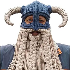 Adult Long Beard Viking Knit Hat Barbarian Bull Horn Handmade Knitted Beanie Hat Warm Funny Ski Cap Funny Party hat