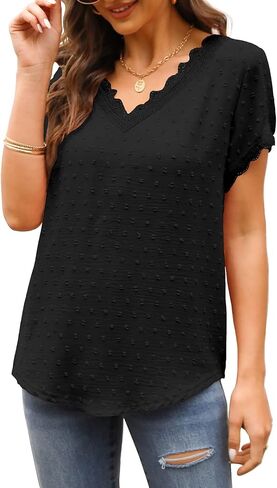 Beimuc بلايز صيفية للنساء بأكمام قصيرة وبلوزات شيفون دانتيل فضفاضة in Kuwait