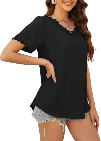 Beimuc بلايز صيفية للنساء بأكمام قصيرة وبلوزات شيفون دانتيل فضفاضة in Kuwait