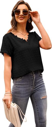 Beimuc بلايز صيفية للنساء بأكمام قصيرة وبلوزات شيفون دانتيل فضفاضة in Kuwait