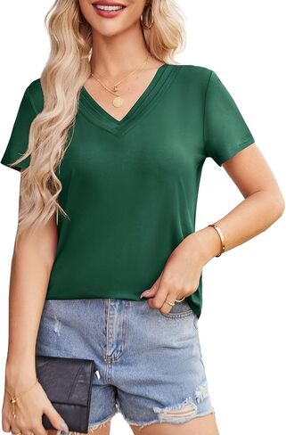Beluring Womens Summer Shirts Pleated V Neck Short Sleeve Curved Hem Casual Tops in Kuwait