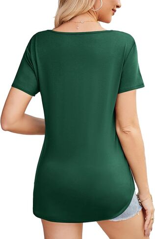 Beluring Womens Summer Shirts Pleated V Neck Short Sleeve Curved Hem Casual Tops in Kuwait