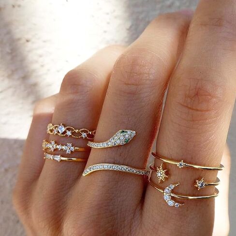WZNBBOY 7 قطع حجر الراين الأفعى تكويم خواتم المفصل مجموعة تألق كريستال القمر Northstar خواتم الاصبع قابل للتعديل الأفعى المفتوحة خواتم خمر بيان لذيذ مثلج خارج خواتم مجموعة للنساء in Kuwait