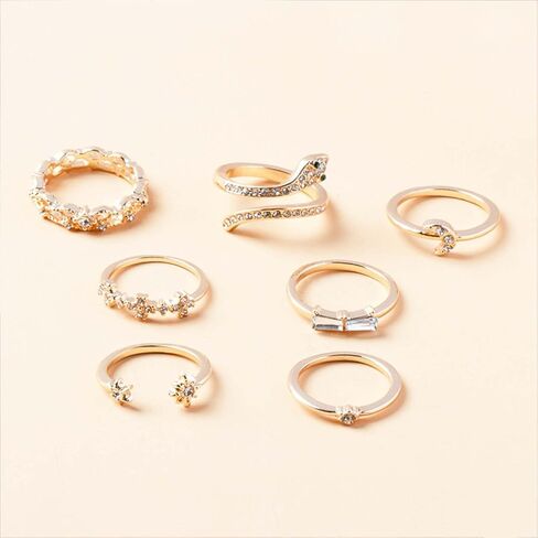 WZNBBOY 7 قطع حجر الراين الأفعى تكويم خواتم المفصل مجموعة تألق كريستال القمر Northstar خواتم الاصبع قابل للتعديل الأفعى المفتوحة خواتم خمر بيان لذيذ مثلج خارج خواتم مجموعة للنساء in Kuwait