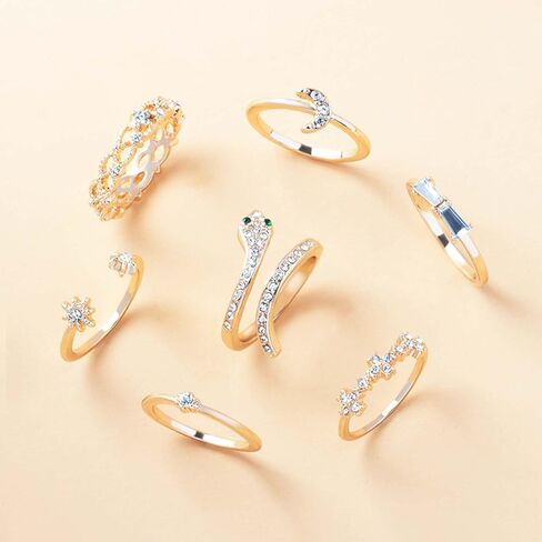 WZNBBOY 7 قطع حجر الراين الأفعى تكويم خواتم المفصل مجموعة تألق كريستال القمر Northstar خواتم الاصبع قابل للتعديل الأفعى المفتوحة خواتم خمر بيان لذيذ مثلج خارج خواتم مجموعة للنساء in Kuwait