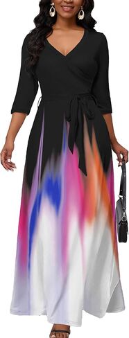 فستان طويل من AOMONI للنساء متدرج كاجوال طويل للشمس ورقبة على شكل حرف V وأكمام 3/4 مع حزام in Kuwait