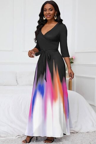 فستان طويل من AOMONI للنساء متدرج كاجوال طويل للشمس ورقبة على شكل حرف V وأكمام 3/4 مع حزام in Kuwait