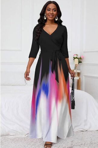 فستان طويل من AOMONI للنساء متدرج كاجوال طويل للشمس ورقبة على شكل حرف V وأكمام 3/4 مع حزام in Kuwait