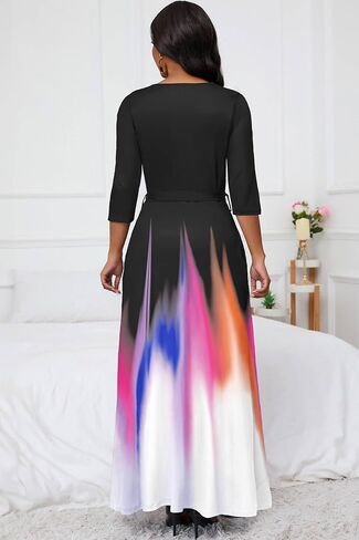 فستان طويل من AOMONI للنساء متدرج كاجوال طويل للشمس ورقبة على شكل حرف V وأكمام 3/4 مع حزام in Kuwait