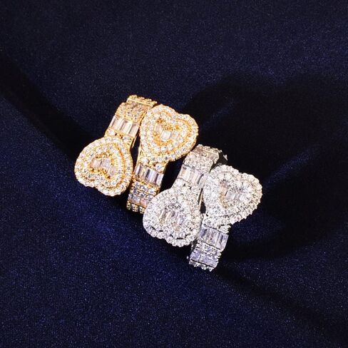 Iced Out Baguette Cz Adjustable Heart Ring All Match Bling Dainty Gold Silver Pinky Ring Wedding Engagement Rings for Girl Women Luxury Gift Birthday Xmas Anniversary Promise Statement in Saudi Arabia