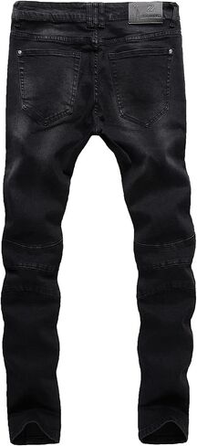 ZLZ Black Biker Jeans for Men Slim Fit, Men's Comfy Stretch Ripped Distressed Biker Jeans Pants Rock, Designer Jeans, Size 36 in Saudi Arabia