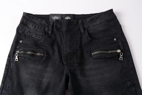 ZLZ Black Biker Jeans for Men Slim Fit, Men's Comfy Stretch Ripped Distressed Biker Jeans Pants Rock, Designer Jeans, Size 36 in Saudi Arabia