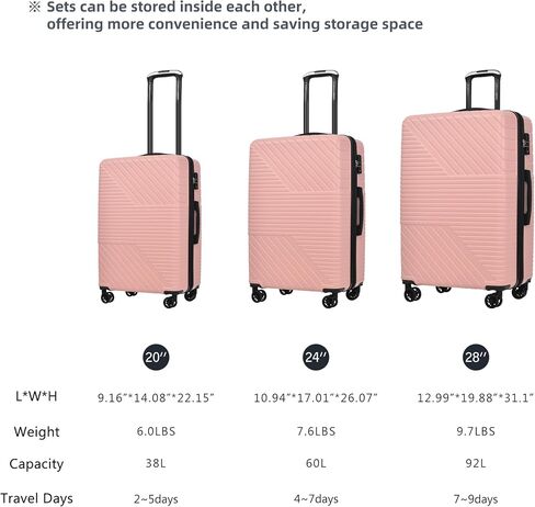 Merax Luggage Set 3-Piece Hardside Expandable Suitcase with TSA Lock Spinner Wheels, Lightweight, Pink, 20/24/28 in Saudi Arabia