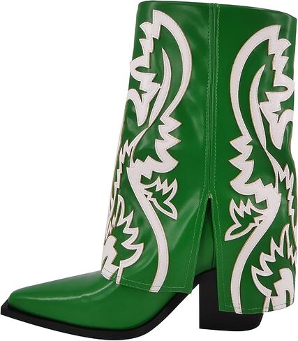 Women's Western Cowboy Boots Mid-calf Pointed Toe Chunky Block Heel Embroidered Boots Pull On Cowgirl Booties in Saudi Arabia