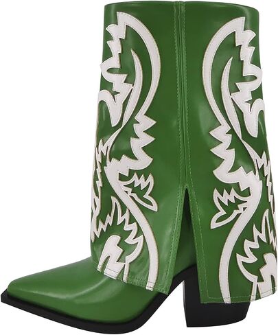 Women's Western Cowboy Boots Mid-calf Pointed Toe Chunky Block Heel Embroidered Boots Pull On Cowgirl Booties in Saudi Arabia